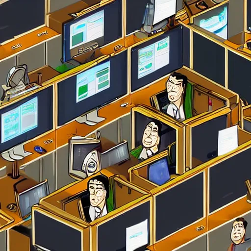 Image similar to fifty monkeys are staring a individual computer screens in a crowded cubicle - style office, the computer screens have bitcoin logos, in the style of the videogame disco elysium, harsh contrast lighting