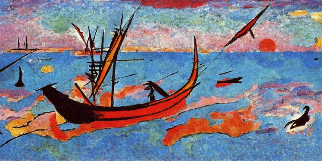 Image similar to rising sun ( ( ( fishing cormorant, fishing boat ) ) ) on the naples bay, by kandinsky