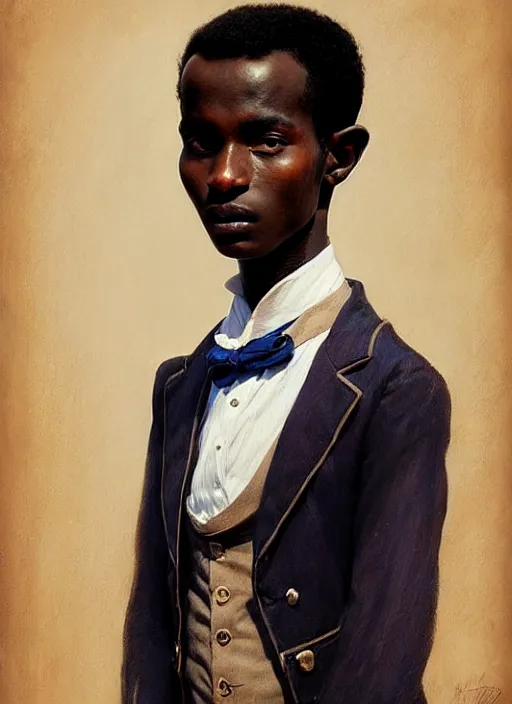 Prompt: a portrait of an sudanese boy with a crooked nose in victorian clothing, confident pose, intricate, elegant, sharp focus, illustration, highly detailed, concept art, matte, trending on artstation, anime, art by james jean and artgerm and brian despain and alberto mielgo, greg rutkowski, wlop, ilya kuvshinov, strong strokes