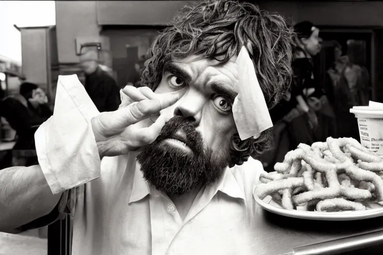 Image similar to peter dinklage at arbys eating curled fries, in the style of eugene atget and peter witkin