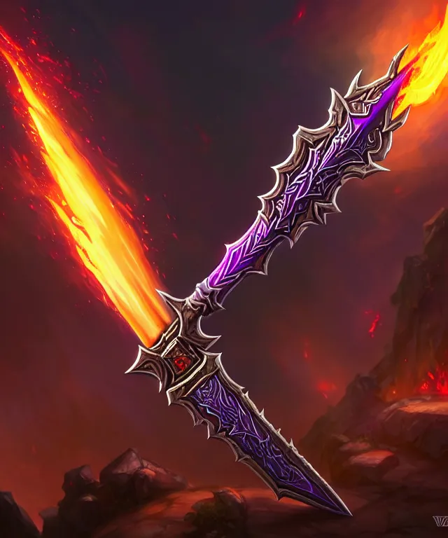 Image similar to dark weapon of warcraft blizzard weapon art, a burning sword, bokeh. dark art masterpiece artstation. 8k, sharp high quality illustration in style of Jose Daniel Cabrera Pena and Leonid Kozienko, violet colored theme, concept art by Tooth Wu, no human