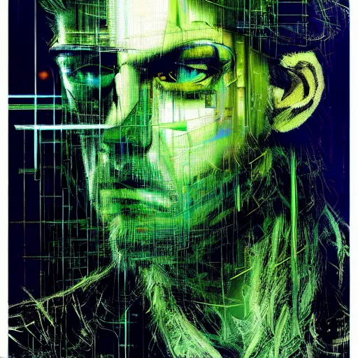 Prompt: hyperrealistic portrait of a cyberpunk man, long hair, confident, cybernetics, immersed within a network, by Guy Denning, Derek Gores, Russ Mills, glitch art, hyper focus, fined detail, polished, complex, hacking effects, holographic, digital tech effects, color blocking!, green, realistic, acrylic on canvas, concept art, abstract!, 8k, concept art, octane, cgsociety, trending on artstation