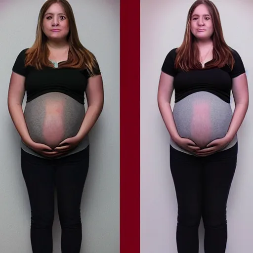 Image similar to beautiful girl with biggest pregnancy ever, full body view, symmetrical face, volumetric lighting, realistic