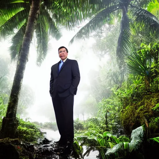 Prompt: 4 k hdr full body wide angle sony portrait of ron desantis in a tropical bali jungle shower with moody stormy overcast lighting