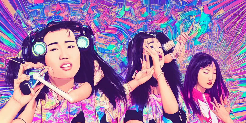 Prompt: Asian women and Hispanic men rapping with microphone in living room, epic poses, distinct figures, digital art, vaporwave, psychedelic, surreal, hip hop, trending on Artstation, professional artist, detailed, 4k