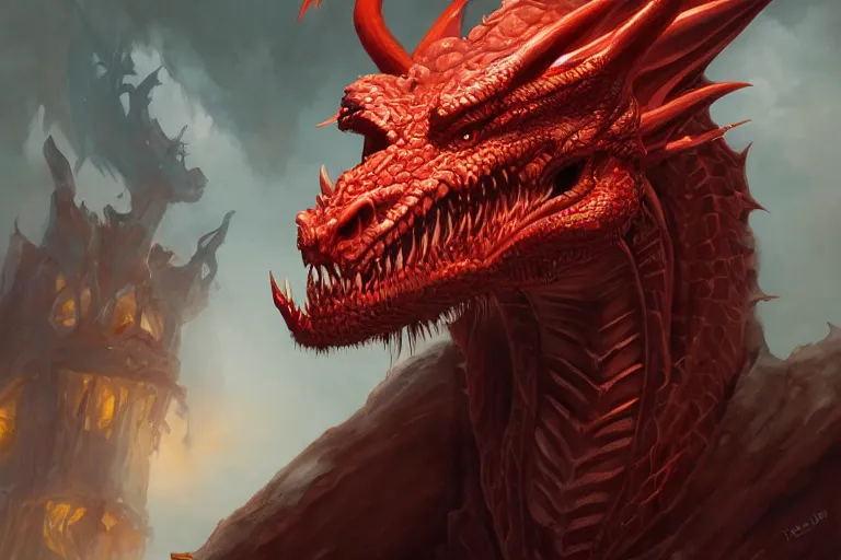 Image similar to An awesome portrait painting of a red dragon, by todd lockwood, Wizards of the Coast, Magic The Gathering, Blizzard, Games Workshop, Greg Rutkowski, Craig Mullins, WETA, Elder Scrolls.