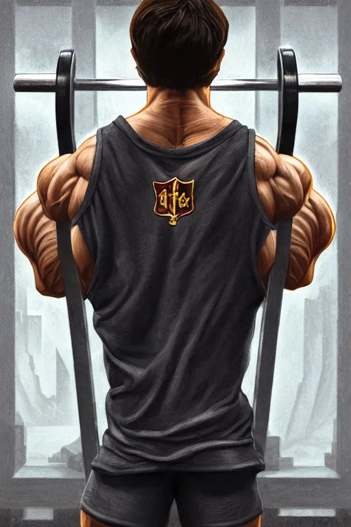 Image similar to highly detailed rendering of Daniel Radcliffe as Harry Potter doing barbell back squats, dingy workout gym, wearing a muscle tee shirt, muscular deep squats, symmetrical, highly detailed, digital painting, artstation, concept art, smooth, sharp focus, illustration, cinematic lighting, art by artgerm and greg rutkowski and alphonse mucha