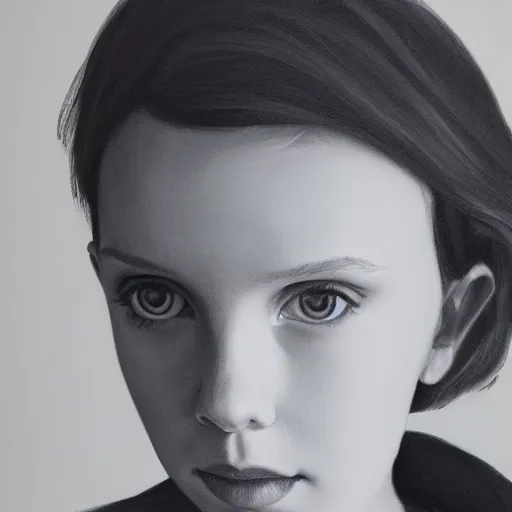 Image similar to millie bobby brown beautiful portrait of bust, medium shot, shallow depth of field, anamorphic lens, professional photography, highly detailed, photorealistic painting