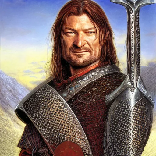 Image similar to noble warrior Boromir with his horn of Gondor by Mark Brooks, Donato Giancola, Victor Nizovtsev, Scarlett Hooft, Graafland, Chris Moore