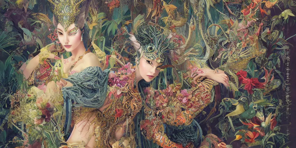 Image similar to breathtaking detailed concept art painting blend of queen sirikrit by hsiao - ron cheng with anxious piercing eyes, vintage illustration pattern with bizarre compositions blend of flowers and fruits and birds by beto val and john james audubon, exquisite detail, extremely moody lighting, 8 k