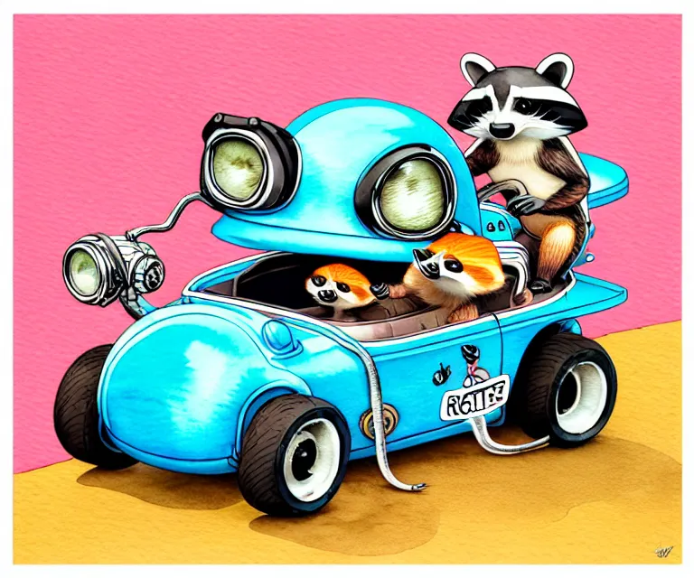 Prompt: cute and funny, baby racoon wearing a helmet riding in a tiny hot rod with oversized engine, ratfink style by ed roth, centered award winning watercolor pen illustration, isometric illustration by chihiro iwasaki, edited by range murata, tiny details by artgerm and watercolor girl, symmetrically isometrically centered