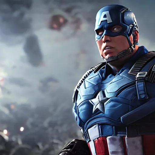 Image similar to Portrait of Donald Trump as captain america in Gears of War, splash art, movie still, cinematic lighting, dramatic, octane render, long lens, shallow depth of field, bokeh, anamorphic lens flare, 8k, hyper detailed, 35mm film grain