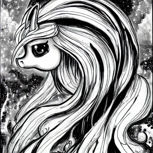 Image similar to detailed black and white science fiction painting of my little pony in the style of h r giger and wayne barlowe