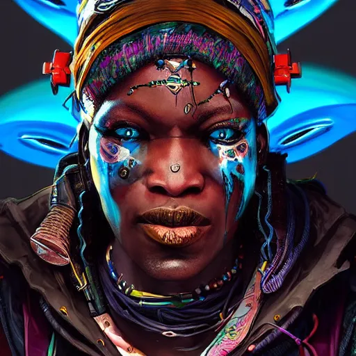 Prompt: a menacing cyberpunk voodoo haitian shaman, Apex Legends character digital illustration portrait design, by android jones, detailed, cinematic lighting, wide angle action dynamic portrait