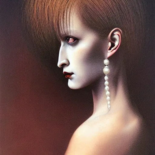 Image similar to goth woman with pearl earrings painting by Zdzisław Beksiński