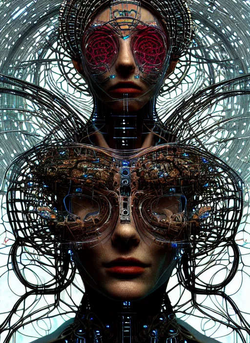 Image similar to timeless cybernetic deity with circuitry skin and networked mind tripping on acid, intricate detail, royo, whealan, giger, klimt, hd, octane render, unreal engine,