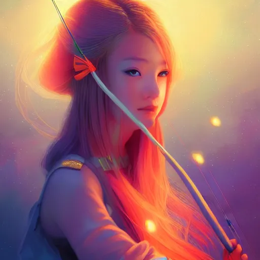 Image similar to colorful and festive captivating teenager girl with blonde hair, red japanese traditional clothes, shooting a firework with bow and arrow at the sky. rich vivid colors, ambient lighting, dynamic lighting, 4 k, atmospheric lighting, painted, intricate, highly detailed by charlie bowater