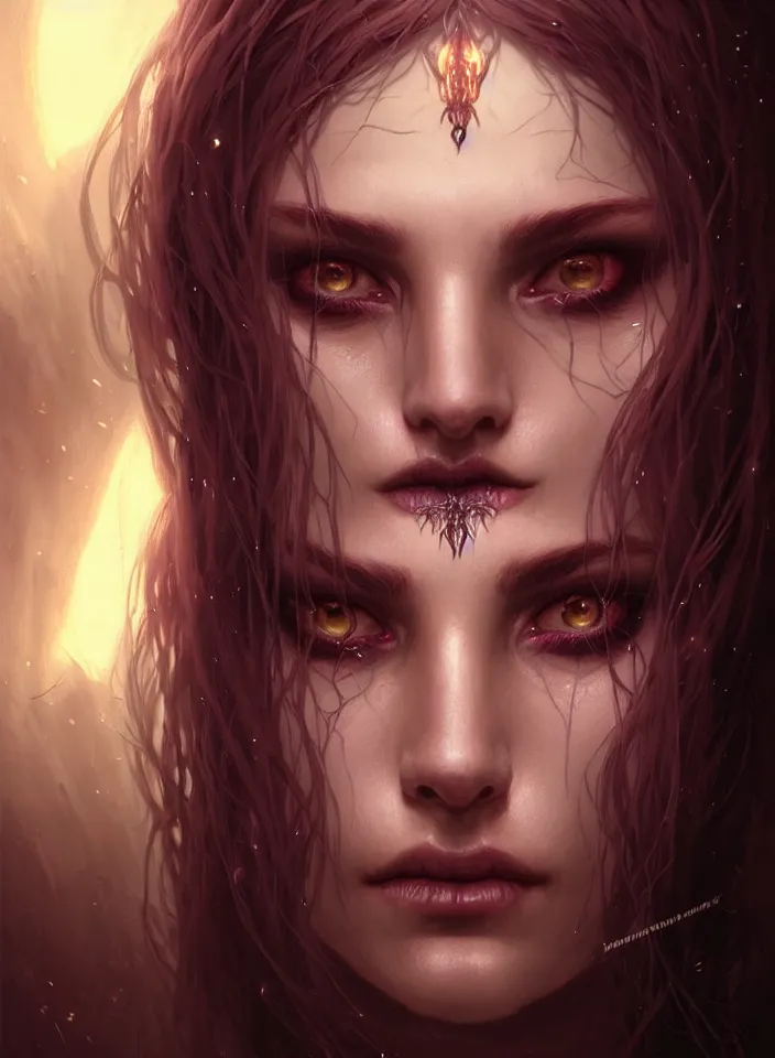 Image similar to Necromancer Sorceress face close-up macro in center, fantasy magic, undercut hairstyle, dark light night, intricate, elegant, sharp focus, illustration, highly detailed, digital painting, concept art, matte, art by WLOP and Artgerm and Greg Rutkowski and Alphonse Mucha, masterpiece