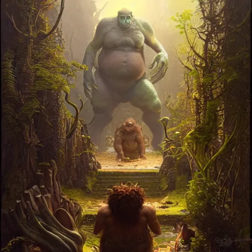 Image similar to a hyperrealistic illustration of a mix of an oger and giant and goblin, 8 k ultra realistic creature, detailed intricate, with fractal sunlight, award - winning, masterpiece, in the style of tom bagshaw, cedric peyravernay, peter mohrbacher