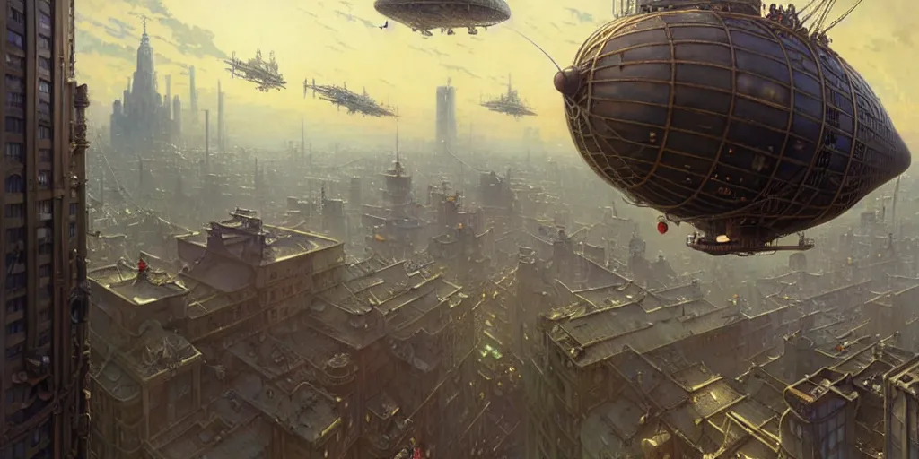 Image similar to steampunk airship above a busy city, exquisite details, denoised, mid view, by norman rockwell, karl kopinski, artsation, greg rutkowski, makoto shinkai, takashi takeuchi, studio ghibli