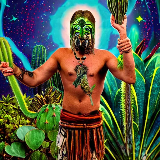 Prompt: spartan in jungle surrounded by cacti, shaman offering peyote, camp fire, full moon with stars, psychedelic surrealism in hyper realistic photo