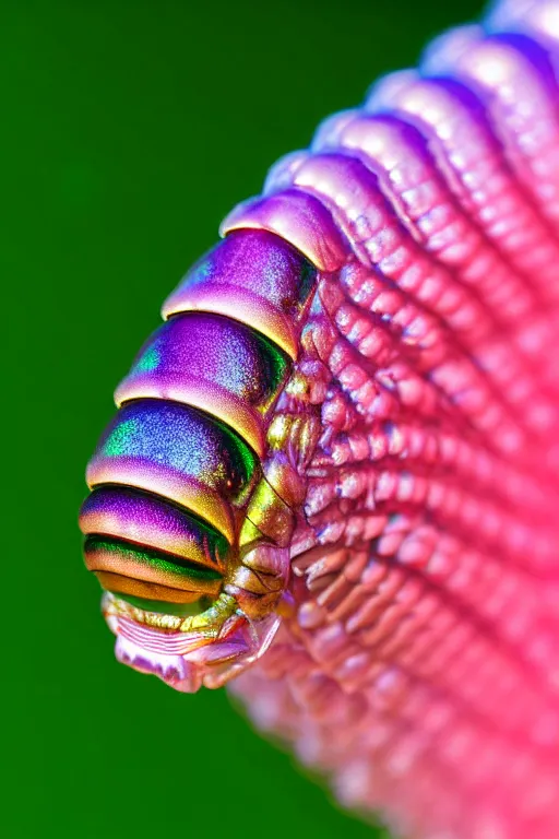 Image similar to high quality macro photo iridescent cyborg caterpillar! cute highly detailed david ligare elson peter cinematic pink lighting high quality low angle hd 8k sharp shallow depth of field