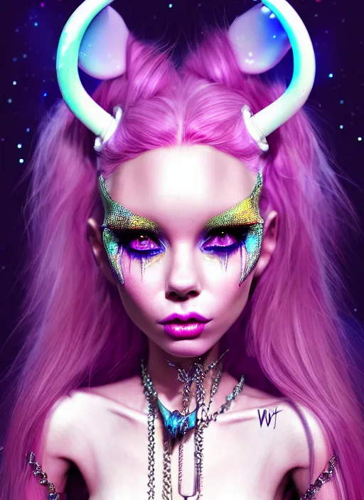 Image similar to disney weta portrait, beautiful gloss porcelain white edm raver clowncore pearl chain horned angel madison beer cyborg woman, bling, sci - fi, fantasy, cyberpunk, intricate, decadent, highly detailed, digital painting, ever after high, octane render, artstation, concept art, smooth, sharp focus, illustration, art by artgerm, loish, wlop