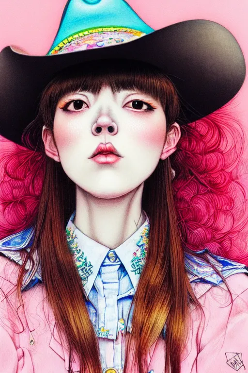 Image similar to girl wearing cowboy hat, style of yoshii chie and hikari shimoda and martine johanna, highly detailed