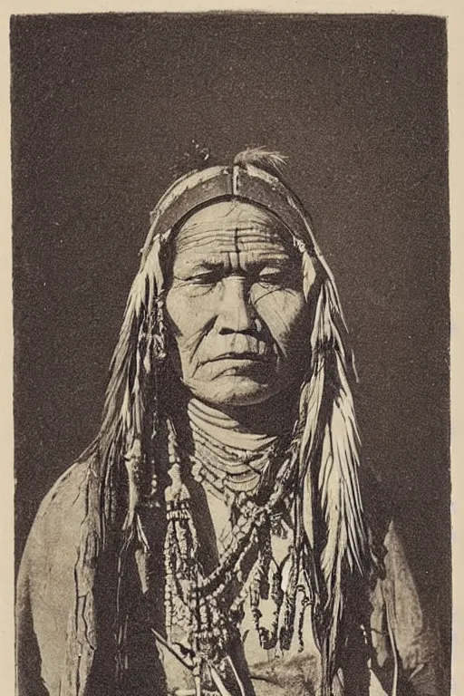 Image similar to “19th century wood engraving of a Native American indian woman, portrait, Nanye-hi Beloved Woman of the Cherokee, wearing a papoose showing pain and sadness on her face, ancient”