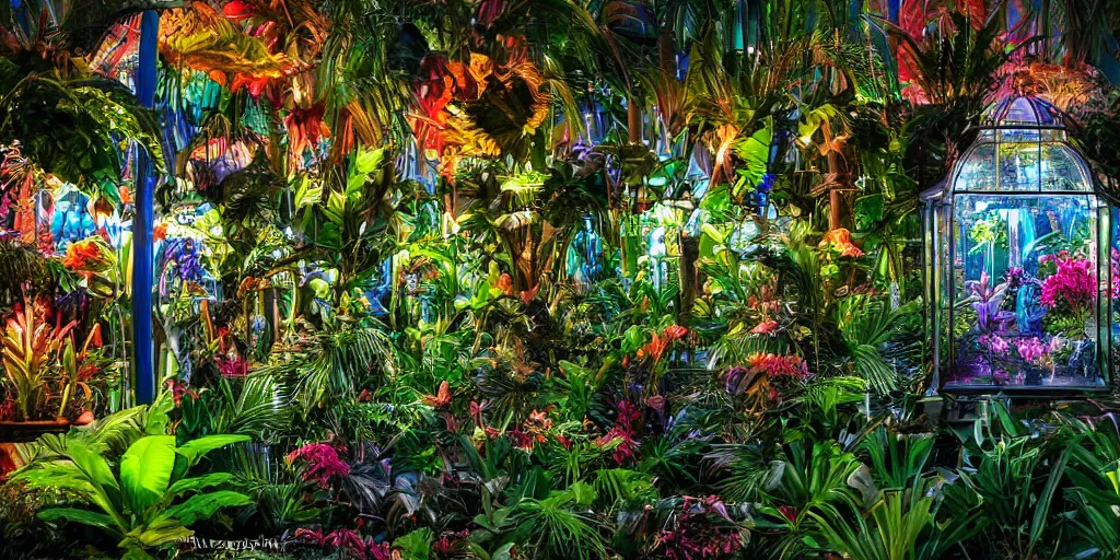 Prompt: magician's tropical greenhouse garden with colored glass cover, outside of time and space, magnificent, gorgeous, birds, flowers, fairy tale, night lighting, gorgeous lighting, well lit, backlit, dramatic cinematic lighting, intricate, highly detailed, low angle view, artstation, mysterious, comfort, in the style of aetherpunk, 8 k