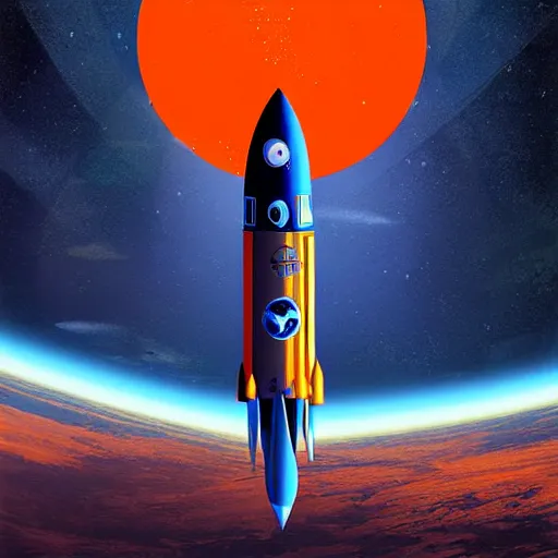 Image similar to Blue V2 rocket in space, tin tin, planet in the style of orange company, intricate, SCI-Fi, movie poster, high detail, digital art by raphael lacoste