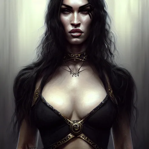 Image similar to portrait of megan fox, muscular upper body, collar, blindfold, greek, jewelry, black dress, fantasy, intricate, elegant, highly detailed, digital painting, artstation, concept art, matte, sharp focus, illustration, art by aenaluck and roberto ferri and greg rutkowski, epic fantasy, digital painting