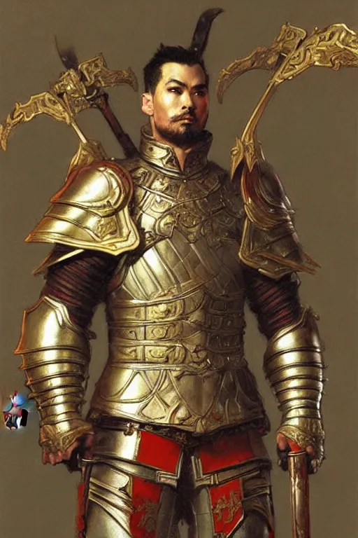 Prompt: attractive male with armor, ming dynasty, character design, painting by gaston bussiere, craig mullins, j. c. leyendecker, tom of finland