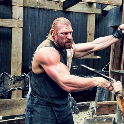 Image similar to triple h as blacksmith make his hammer