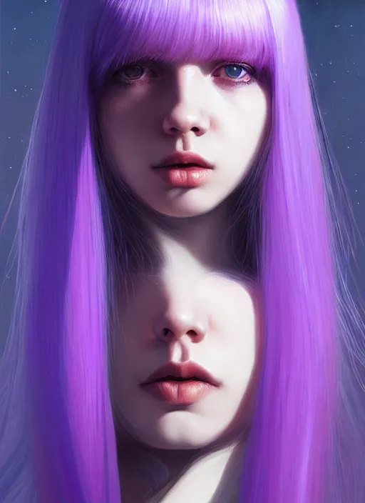 Image similar to hair whitebangs hair, black hair, whitebangs, portrait of teenage girl with white bangs, red irises, purple clothes, white bangs, bangs are different color from hair, intricate, elegant, glowing lights, highly detailed, digital painting, artstation, concept art, smooth, sharp focus, illustration, art by wlop, mars ravelo and greg rutkowski