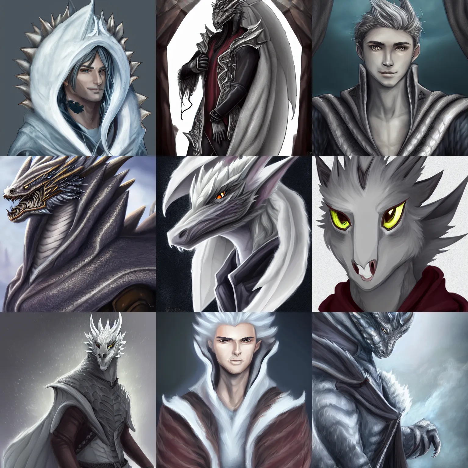 Prompt: very very beautiful half body portrait of a handsome young anthropomorphic silver dragon, soft draconic features, male, wearing a luxurious cloak, commission on furaffinity, artstation, high quality digital art