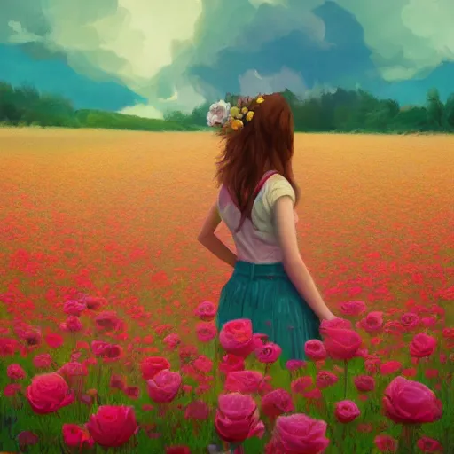 Image similar to rose face, girl floating in a flower field, surreal photography, sunrise dramatic light, impressionist painting, colorful clouds, digital painting, artstation, simon stalenhag