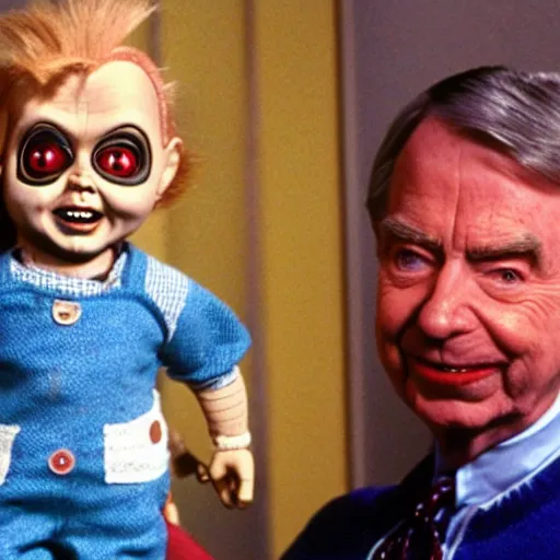 Prompt: Chucky the killer doll being held by Mr. Rogers