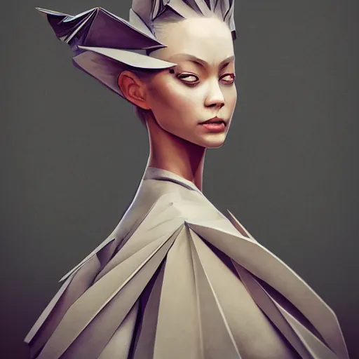 Image similar to 3 / 4 view of a beautiful girl wearing an origami dress, elegant, by esao andrews, by eiko ishioka, givenchy, by peter mohrbacher, centered, high depth of field, origami, detailed fashion illustration, vogue, japanese, reallusion character creator