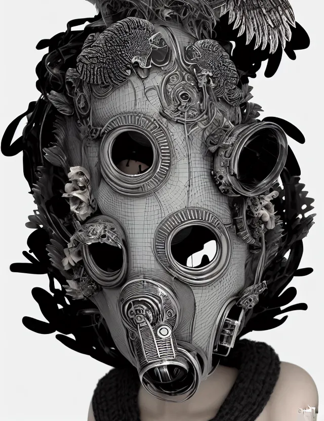 Image similar to 3 d goddess close - up profile punk portrait with vintage gas mask ram skull. beautiful intricately detailed japanese crow kitsune mask and clasical japanese kimono. betta fish, jellyfish phoenix, bio luminescent, plasma, ice, water, wind, creature, artwork by tooth wu and wlop and beeple and greg rutkowski