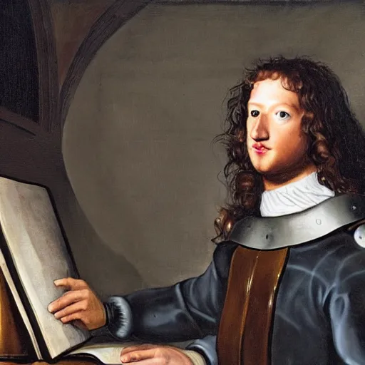 Image similar to Mark Zuckerberg as a long haired medieval scientist building a futuristic time machine, by Diego Velázquez