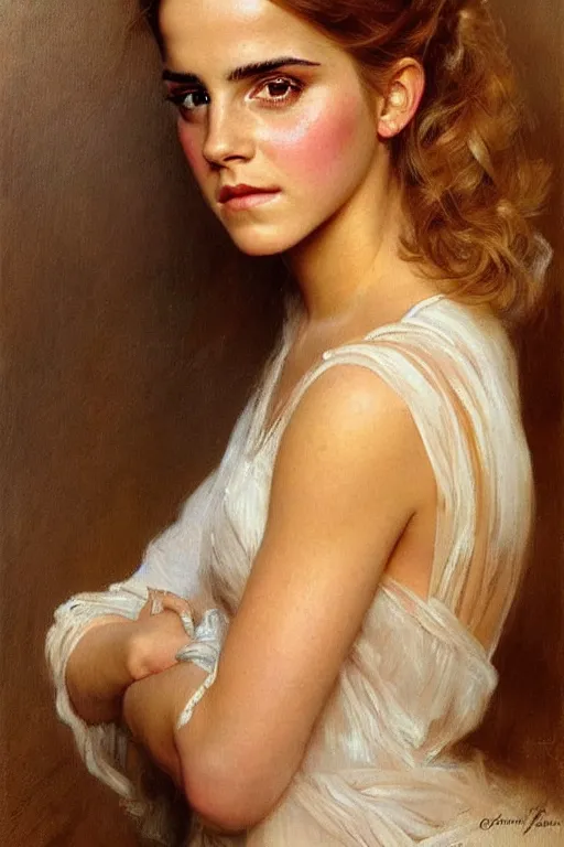 Prompt: detailed portrait of a beautiful emma watson 1 9 7 0 s hairstyle muscular, painting by gaston bussiere, craig mullins, j. c. leyendecker
