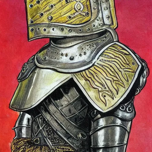 Image similar to full body!!!!!!, knights armor, donald trump, crown, donald trump's face!!!!!, detailed face, painting of a knight, boots, medieval castle background, valiant, by hans thoma