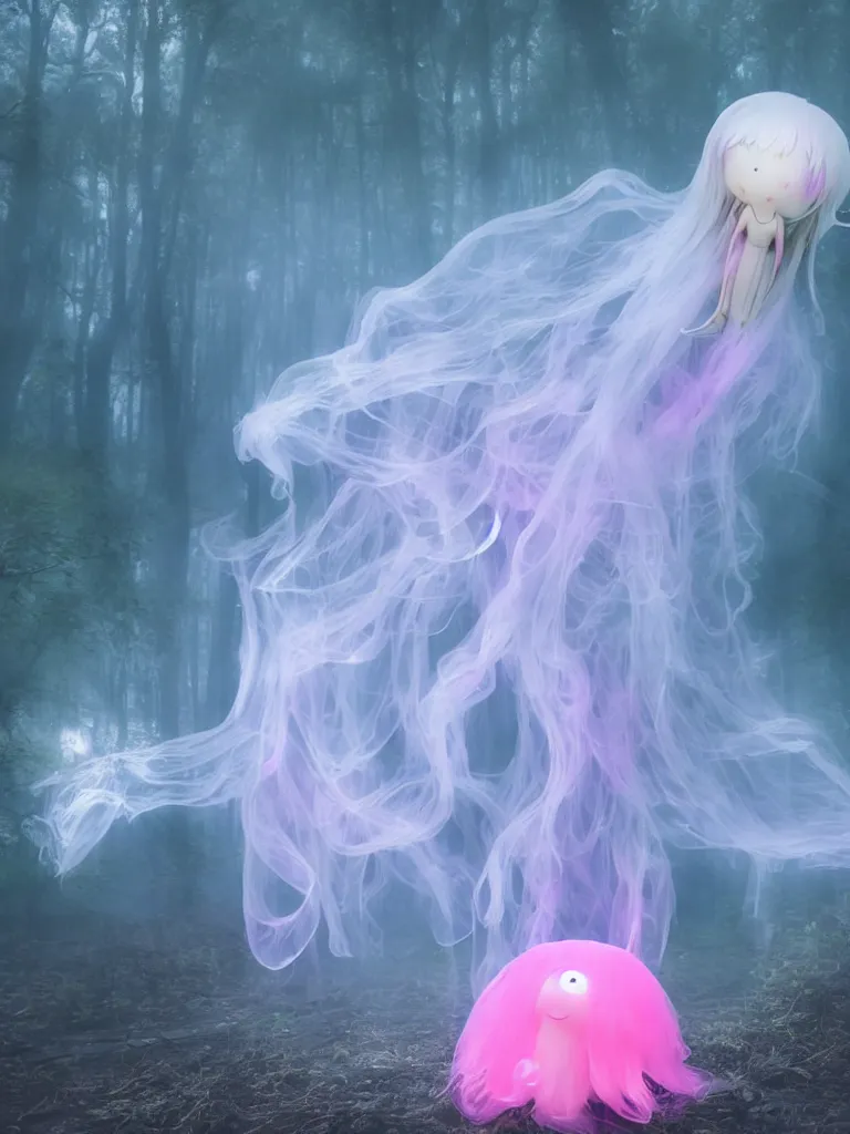 Image similar to cute fumo plush smiling ectoplasmic gothic jellyfish ghost girl waving in deep fog over mysterious waters, anime, reflective river bank in the midst of a forgotten forest, glowing pink wisps of hazy green smoke and eerie blue volumetric fog swirling about, moonlight, glowing lens flare, black and white, refraction, vray