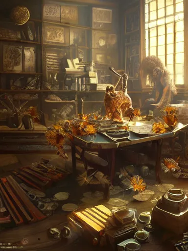 Prompt: a powerful male socerer, studying in a table full of artifacts. weeds anf flowers growing on the floor. intricate, elegant, highly detailed, digital painting, artstation, concept art, sharp focus, illustration, by justin gerard and artgerm, 8 k