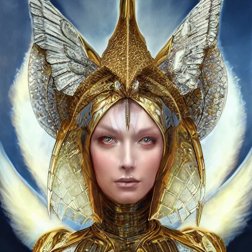 Image similar to a beautiful angel with a golden helmet wearing a silver armor with golden ornaments and diamonds jewelry, wings by alex gray and android jones, karol bak, ayami kojima, amano, concept art, character design, fantasy, 3 d, 8 k resolution