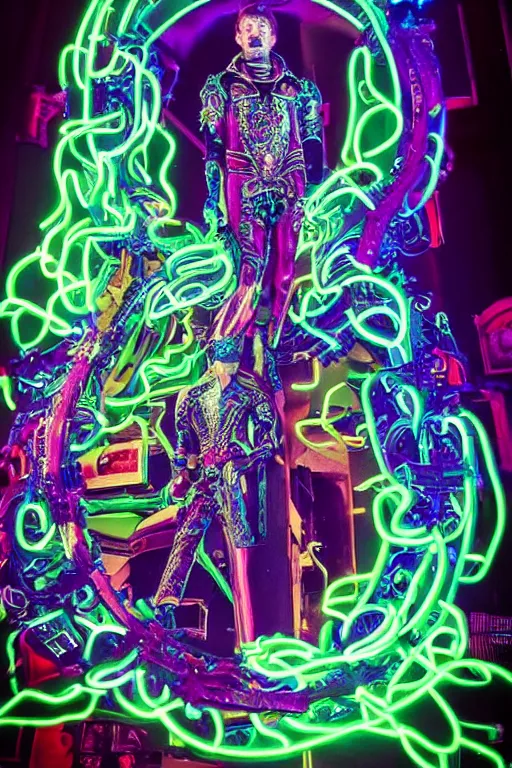 Prompt: full-body bladerunner neon baroque style sculpture of a young handsome Spanish prince as a half cibernetic android with a chest opening exposing circuitry and electric sparks, glowing laser beam eyes, crown of giant neon diamonds, flowing neon green colored silk, fabric, raptors. baroque elements. full-length view. mechanical gear neon flowers. intricate artwork by caravaggio. black screen panel for a face. Trending on artstation, octane render, cinematic lighting from the right, hyper realism, octane render, 8k, depth of field, 3D