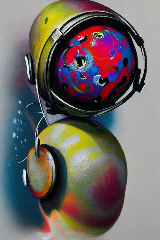 Image similar to hyperrealism surrealism acrylic painting, aerosol splashes on paper, close - up portrait of bowling ball - with big headphones and a mime sweater art by jeff soto