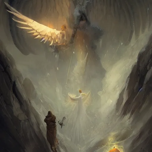 Prompt: priests crying while angels fly above them geog darrow greg rutkowski