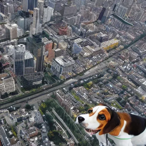 Image similar to gigantic 1 0 0 metres beagle walking over a city, epic scale